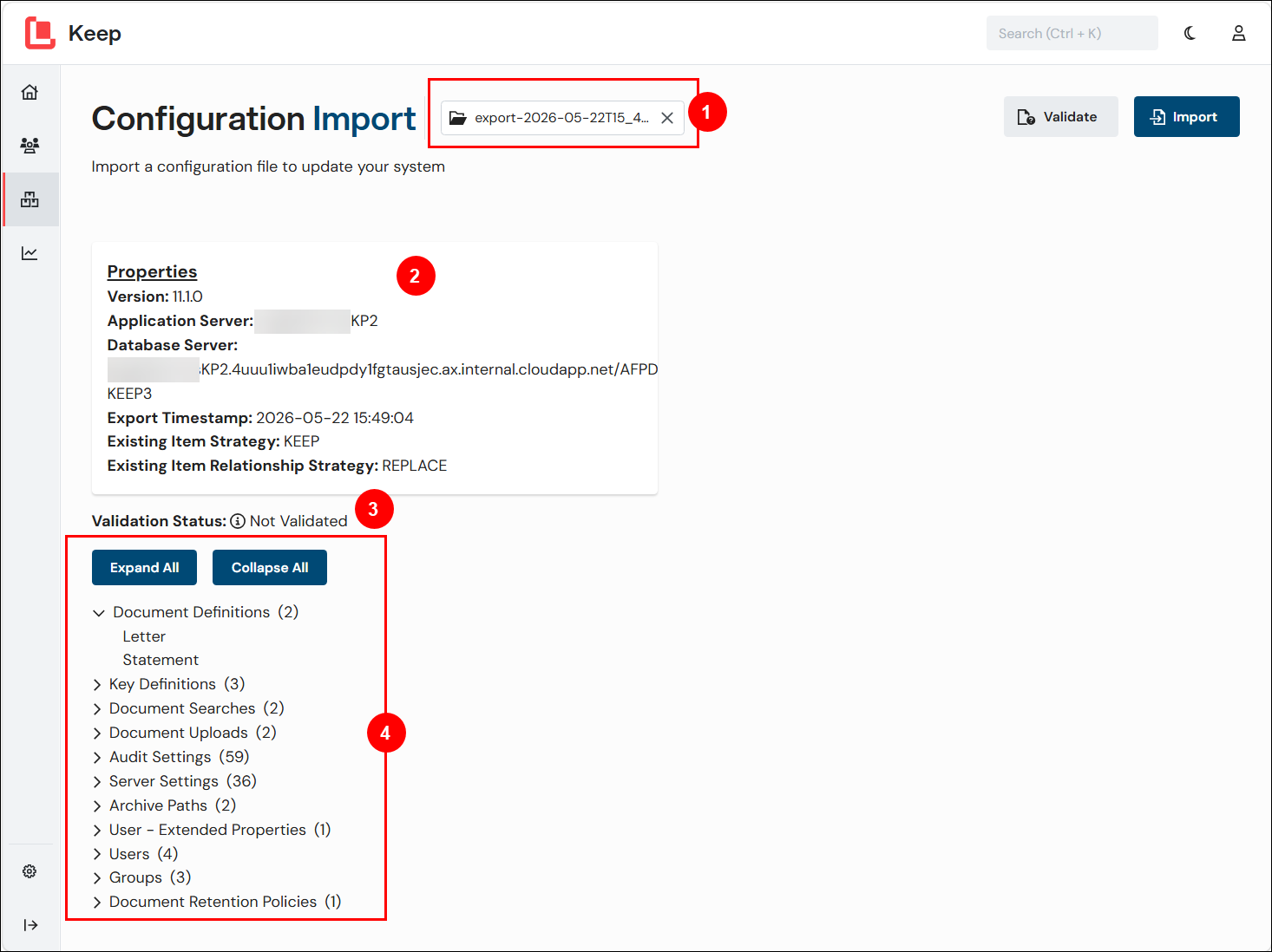 The Configuration Import page after a configuration file is loaded.